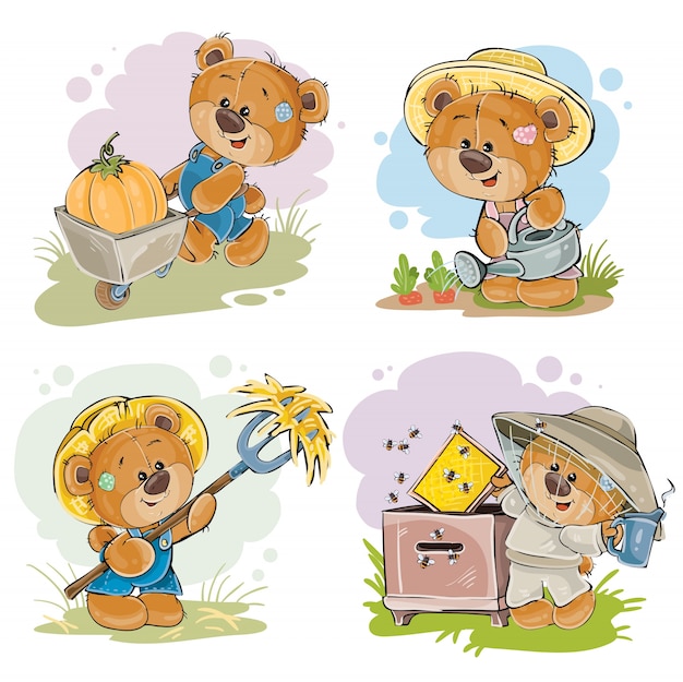 Set of illustrations of vector of teddy bear beekeeper, farmer.