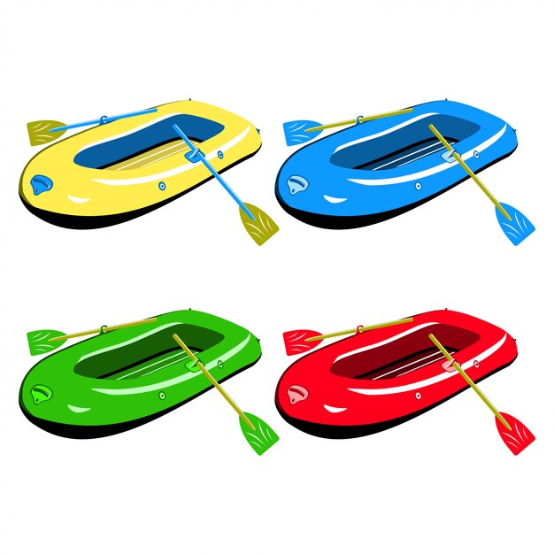 分離されたさまざまな色のゴムボートのセット