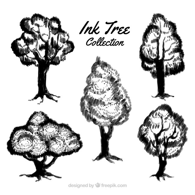 Set of ink tree sketches