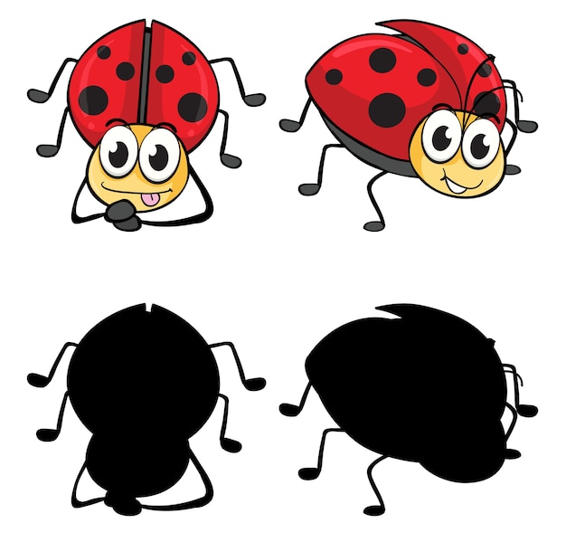 Free vector set of insect cartoon character and its silhouette on white background