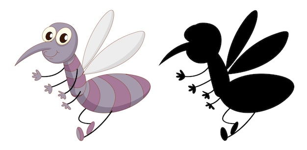 Free vector set of insect cartoon character and its silhouette on white background