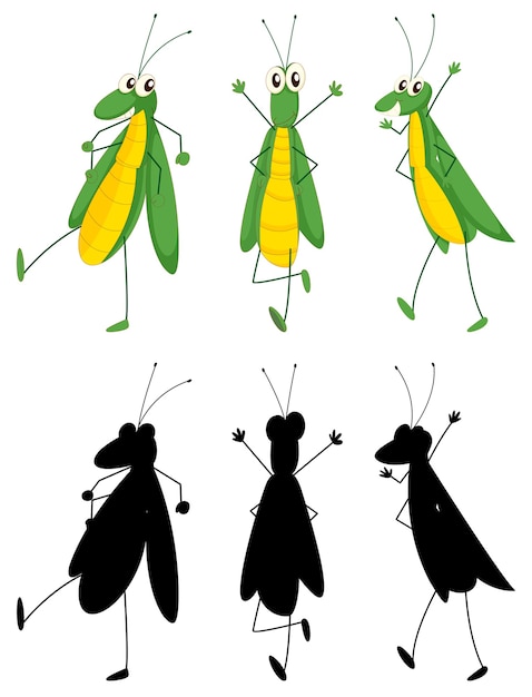 Vettore gratuito set di personaggio dei cartoni animati di insetti e la sua silhouette su sfondo bianco
