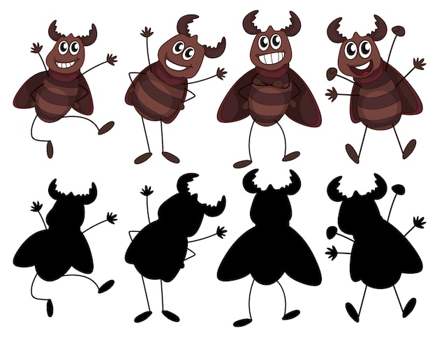 Set of insect cartoon character and its silhouette on white background