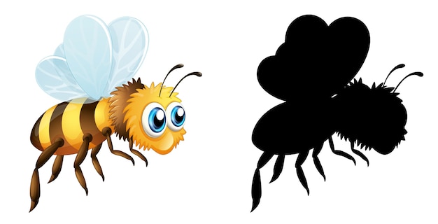 Set of insect cartoon character and its silhouette on white background