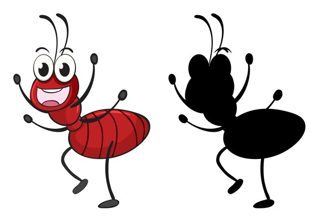 Набор насекомых мультипликационный персонаж и его силуэт на белом фоне