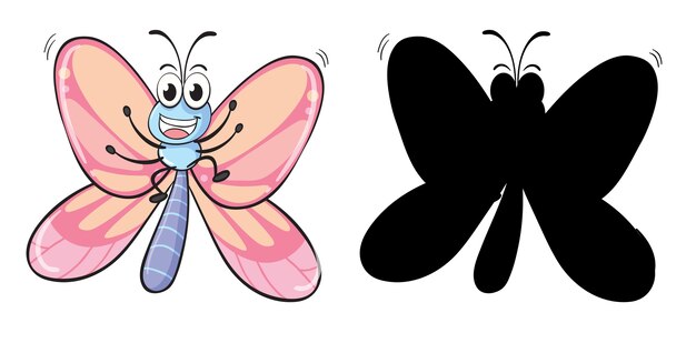 Free vector set of insect cartoon character and its silhouette on white background