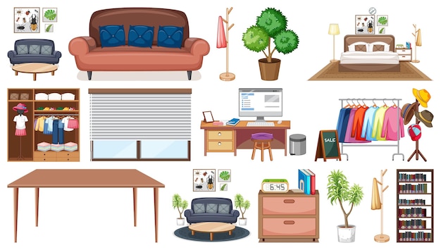 Free vector set of interior furniture and decorations