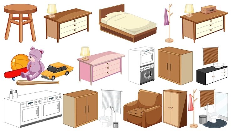 Free Vector set of interior furniture and decorations