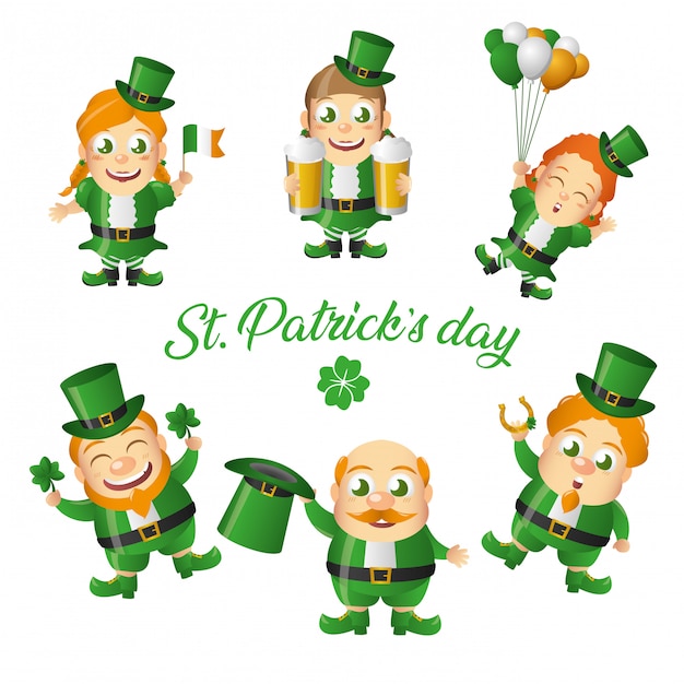 Free vector set of irish leprechaun greeting card, st patricks day