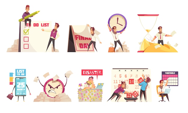 Set of isolated cartoon compositions on theme of time management planning schedule timetable and deadline