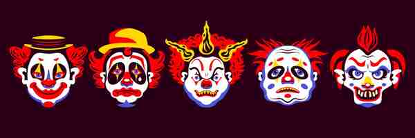 Free vector set of isolated clowns faces with scary heads painted noses eyebrows red lips and funny hats vector illustration