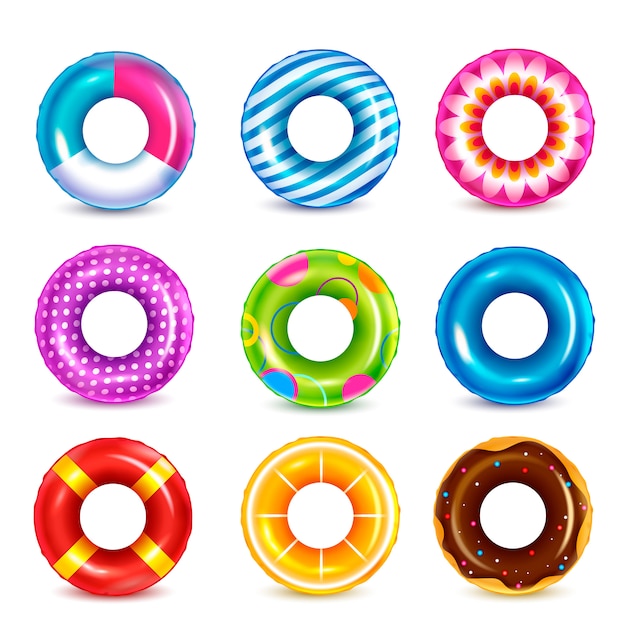 Set of isolated color inflatable rubber swimming rings realistic images with colourful pattern on blank background