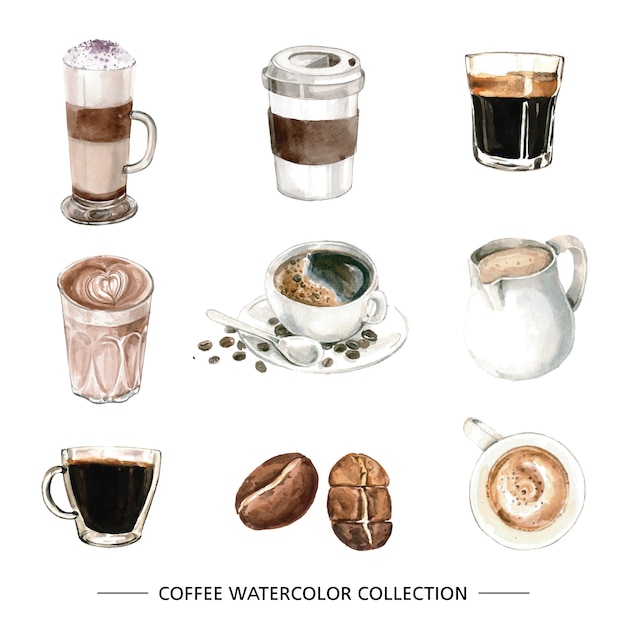 Set of isolated elements of watercolor coffee
