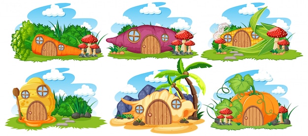 Free vector set of isolated fairy tale houses with sky cartoon style on white background