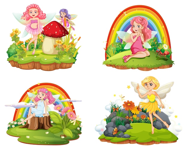 Set of isolated fantastic forests with beautiful fairies