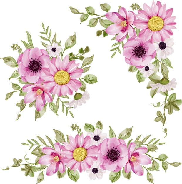 격리 된 꽃꽂이 핑크 꽃과 녹지 잎 수채화 세트