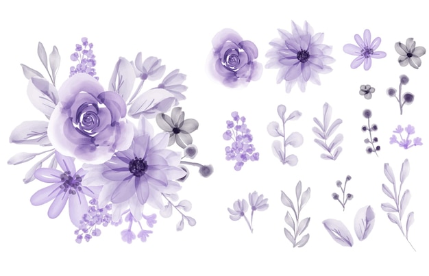 Набор изолированных цветочных листьев цветок фиолетовый мягкая акварель