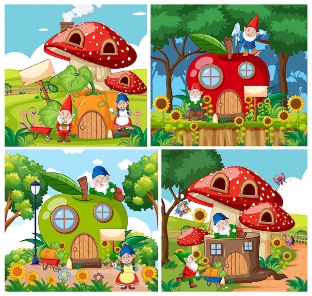 Free vector set of isolated gnome fairy tale houses cartoon style on garden background