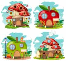 Free vector set of isolated gnome fairy tale houses cartoon style on white background