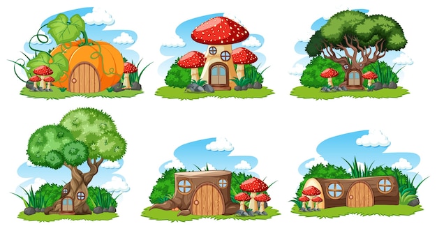 Free vector set of isolated gnome fairy tale houses