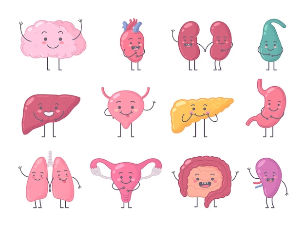 Free vector set of isolated icons with cartoon style characters of different human organs emotions on blank background vector illustration