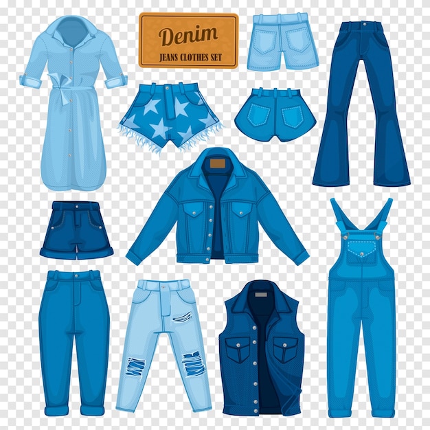 Vettore gratuito set di jeans denim isolati con prodotti tessili isolati realizzati in tessuto denim su sfondo trasparente illustrazione vettoriale