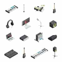 Free vector set of isolated music recording studio gear icons with various musical instruments modules and mixin