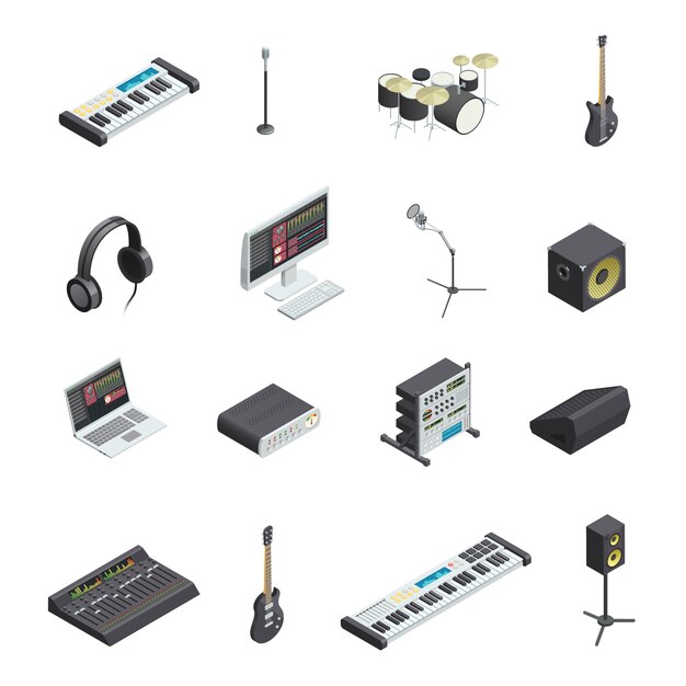 様々な楽器モジュールとmixinの分離音楽レコーディングスタジオギアアイコンのセット