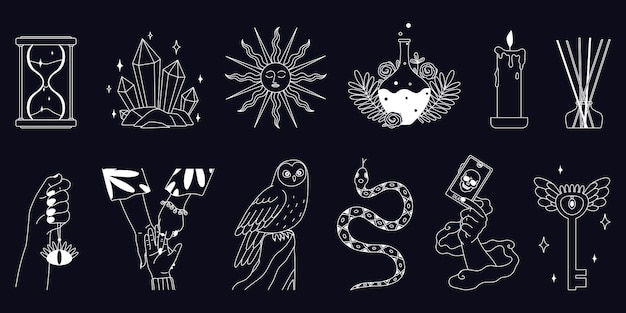 Free vector set of isolated mystic boho icons with chalkboard monochrome images of snakes birds and candle symbols vector illustration