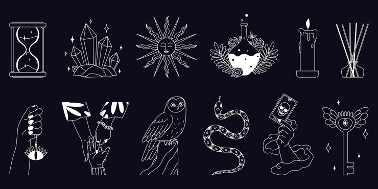 Free Vector set of isolated mystic boho icons with chalkboard monochrome images of snakes birds and candle symbols vector illustration
