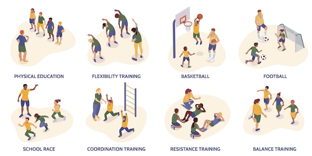 Set di composizioni di lezioni pe isolate con didascalie di testo modificabili e caratteri isometrici dell'illustrazione vettoriale dei formatori per bambini