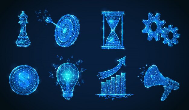 Set of isolated polygonal wireframe business strategy shining icons made of glittering particles and geometric figures