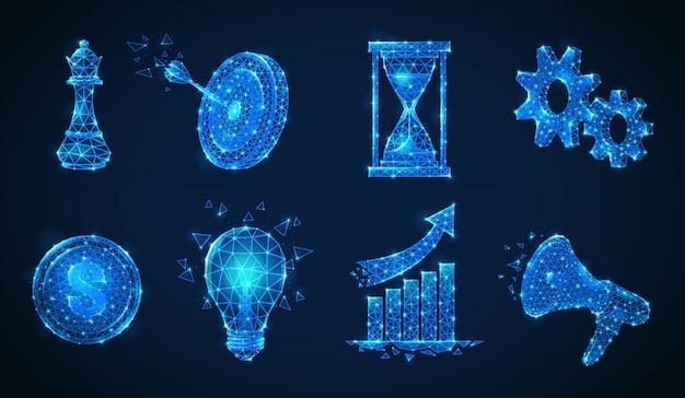 Set of isolated polygonal wireframe business strategy shining icons made of glittering particles and geometric figures