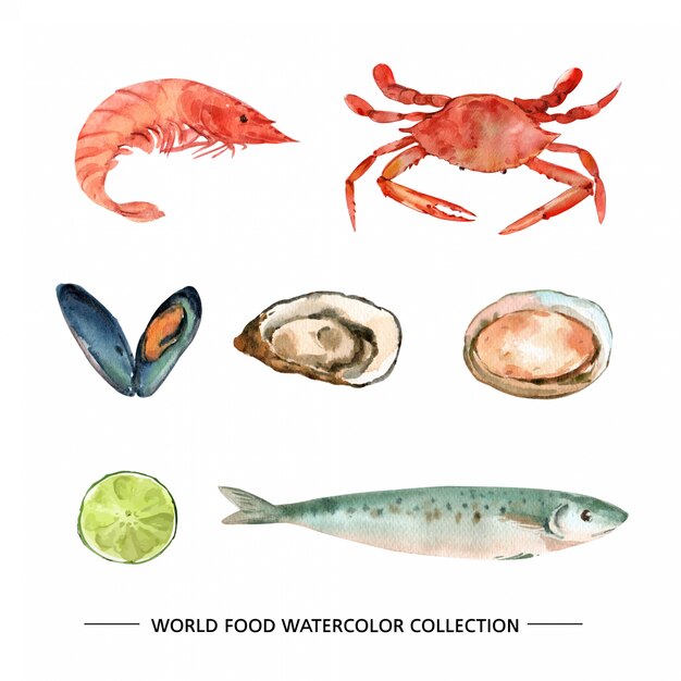 Набор изолированных морепродуктов акварель скумбрии, устриц, мидий иллюстрации