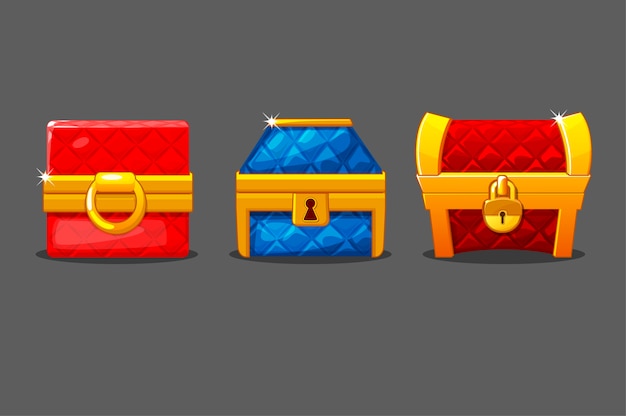 A set of isolated soft chests of different shapes. Colored chests with locks.