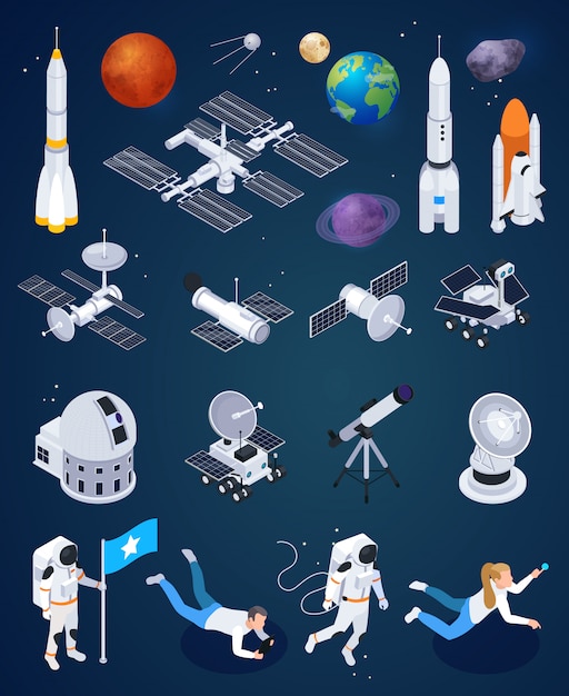 Free vector set of isolated space exploration icons with realistic rockets artificial satellites and planets with human characters vector illustration
