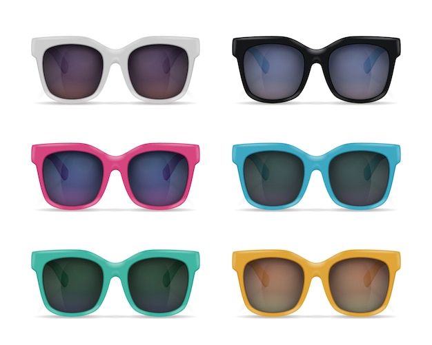 Free vector set of isolated sunglasses realistic images on blank background with reflections and colourful models with shadows