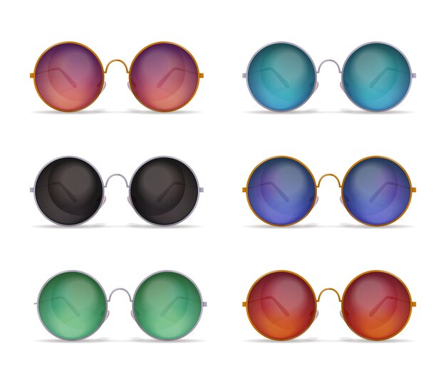 다채로운 둥근 모양의 태양 고글의 6 가지 모델로 고립 된 선글라스 현실적인 이미지 세트