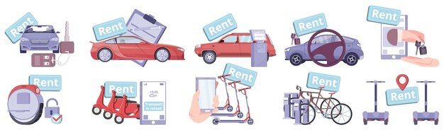 Набор изолированных транспортных плоских значков с текстовыми тегами и векторными изображениями автомобилей и скутеров