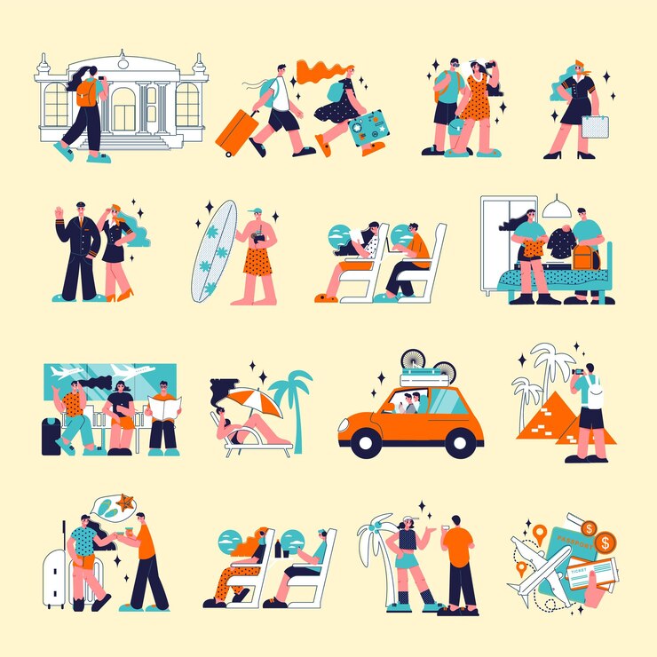 무료 Vector 다양한 상황 벡터 일러스트 레이 션에서 관광객의 낙서 스타일 인간 문자와 격리 된 여행 색상 아이콘 세트