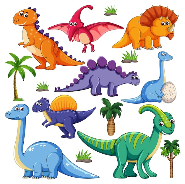 白い背景の上の孤立した様々な恐竜の漫画のキャラクターのセット