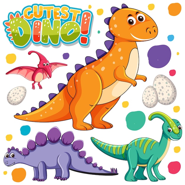 흰색 배경에 고립 된 다양 한 공룡 만화 캐릭터의 집합