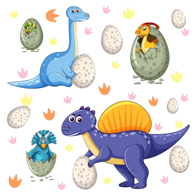 Set of isolated various dinosaurs cartoon character on white background