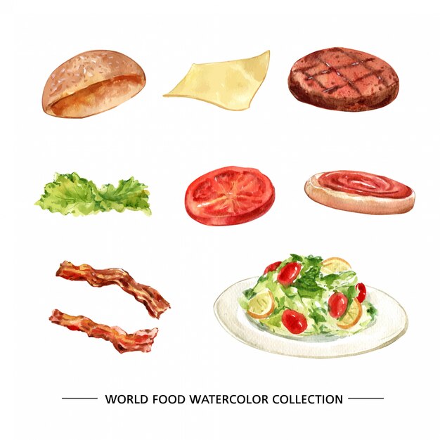 Set of isolated watercolor bread, cheese, steak illustration