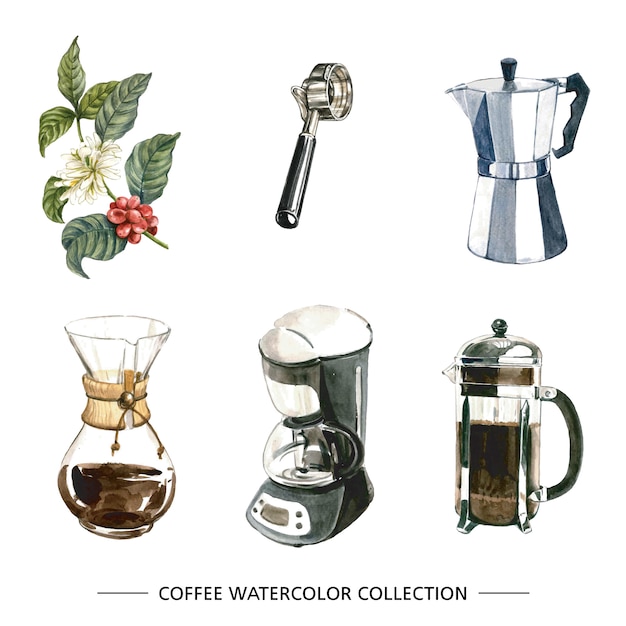 Free vector set of isolated watercolor coffee maker