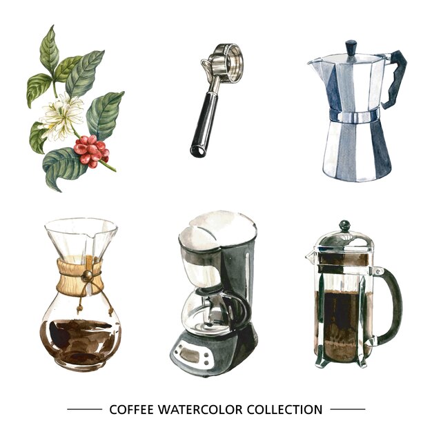 Set of isolated watercolor coffee maker