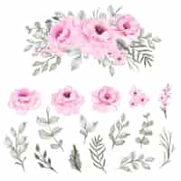 Free vector set isolated watercolor flower pink and leaf