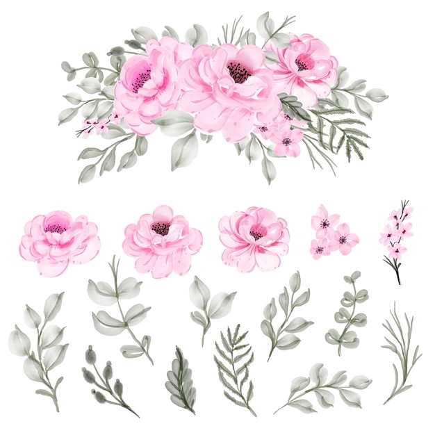 孤立した水彩画の花ピンクと葉を設定します