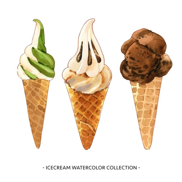 Set of isolated watercolor ice cream cone illustration for decorative use.