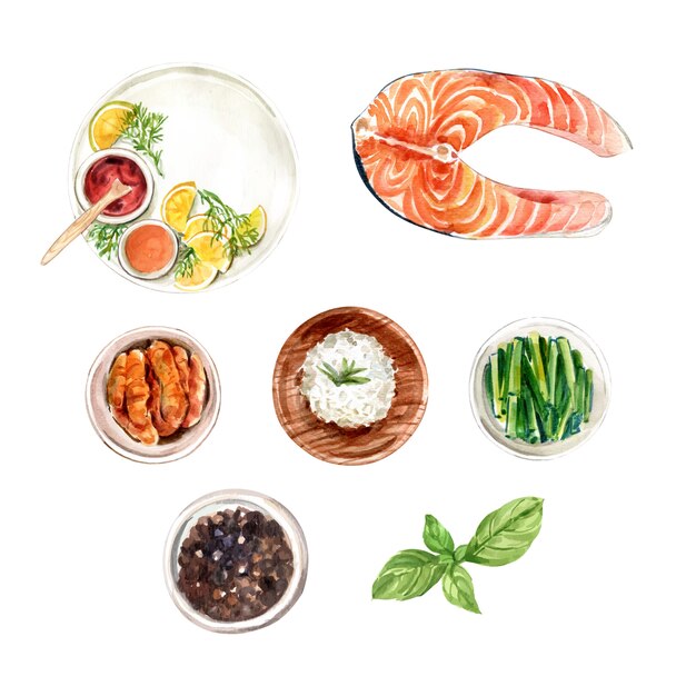Set of isolated watercolor rice, pepper, fish illustration for decorative use.